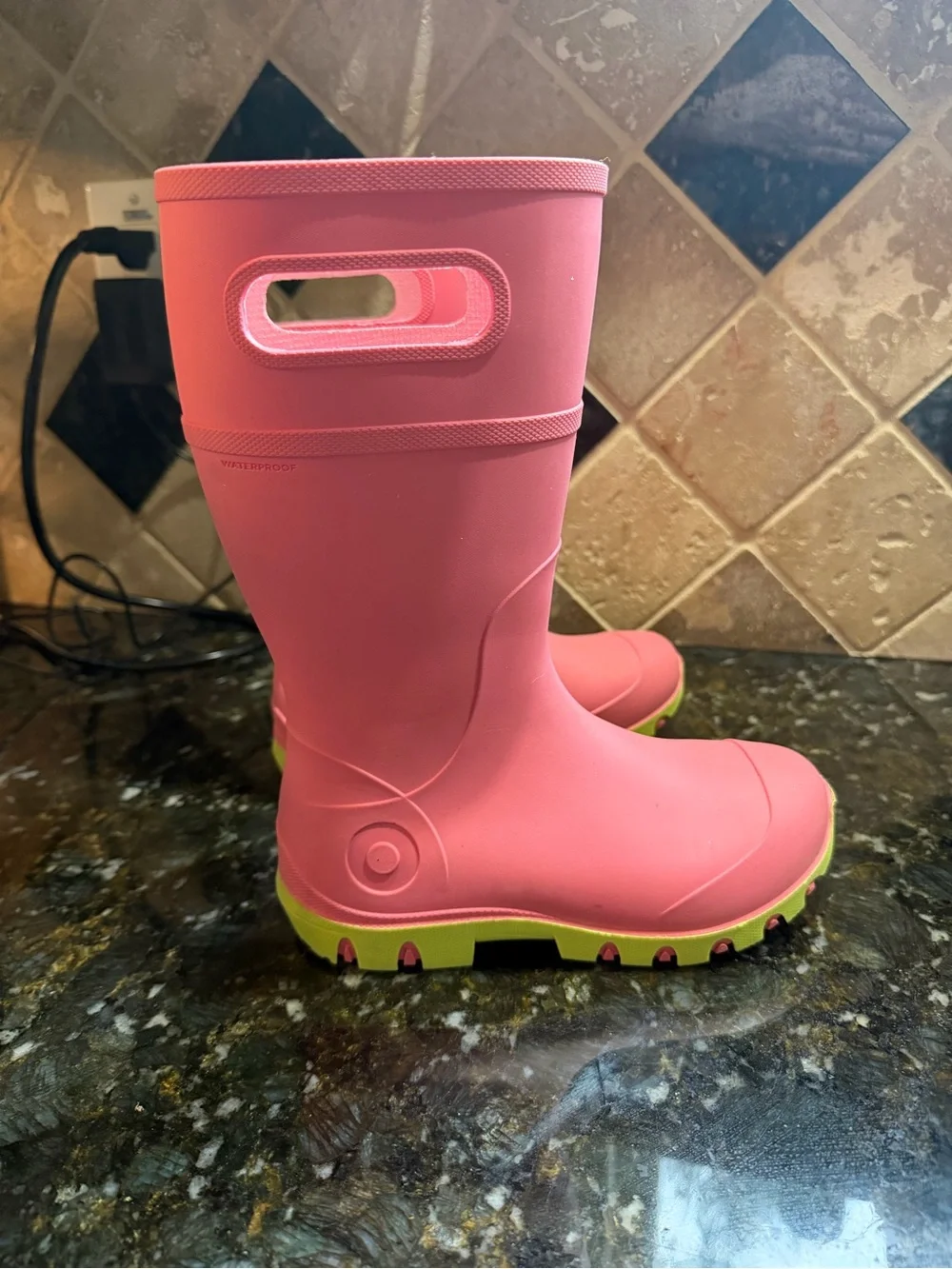 Barely worn Kids BOGS pink & green rainboots